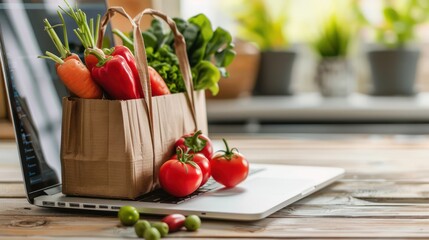 Vegetables in shopping bags on laptop for online shopping