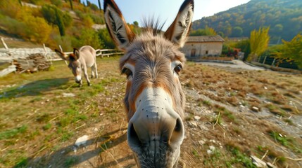 Donkey looks at the camera from close range. Shot with a wide lens