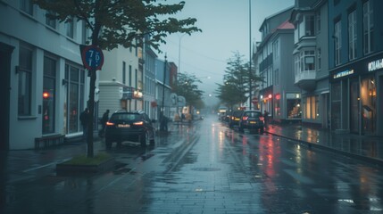 Obraz premium Reykjavik street in rainy weather
