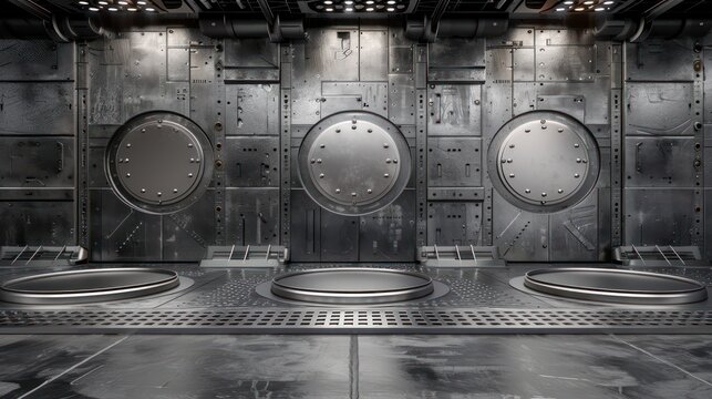 Industrial sci-fi room with circular metallic doors.