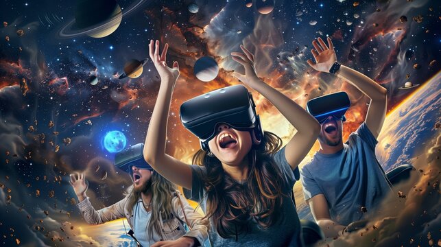 A VR space exhibit lets people float in simulated zero-gravity, exploring planets and stars in awe.