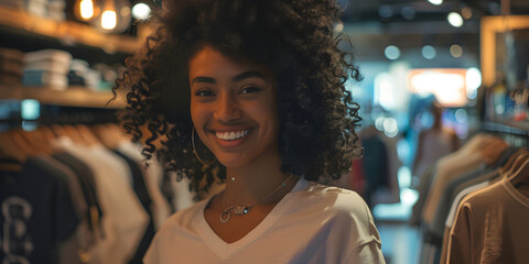 close-up of a beautiful girl with curly lush hair sales assistant in a store