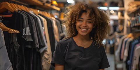 close-up of a beautiful girl with curly lush hair sales assistant in a store