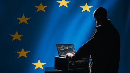 European Union alliance soldier in control room uses military tech to identify threats. EU...