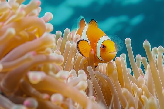 Diver capturing footage of a colorful clownfish in its anemone home, with the intricate details of the coral and fish highlighting the beauty of macro underwater photography 