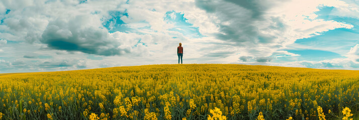 A field of rapeseed, in the distance a man stands with his back to us, a beautiful field of rapeseed, a figure of a man
