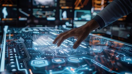 Individual exploring immersive internet content on a multi-touch holographic screen, with detailed graphics and a high-tech setting emphasizing the advanced technology 