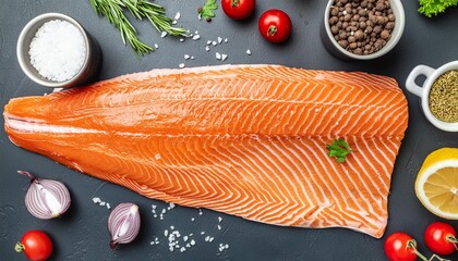 Raw salmon fillet and ingredients for cooking on a dark background in a rustic style. Top view.