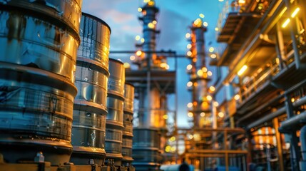 Fototapeta premium Industrial refinery with storage tanks at sunset