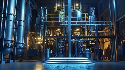 Modern industrial factory interior with machinery glow