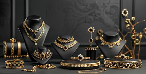 Luxurious black and gold jewelry set on elegant display