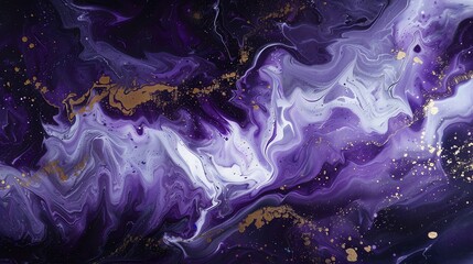 Abstract Purple and Gold Fluid Art Background. Elegant Marble Effect with Swirls and Splashes