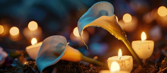 Calla Lily Flower and Blurred Candles on Grave with Dark Background.
