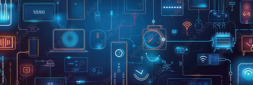 Leinwandbilder a digital illustration showcasing various network devices, such as routers, modems, and smart home g