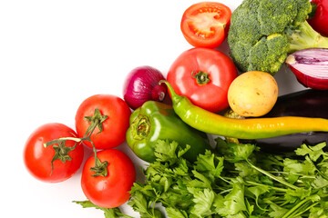 Fresh ripe vegetables on white background, closeup