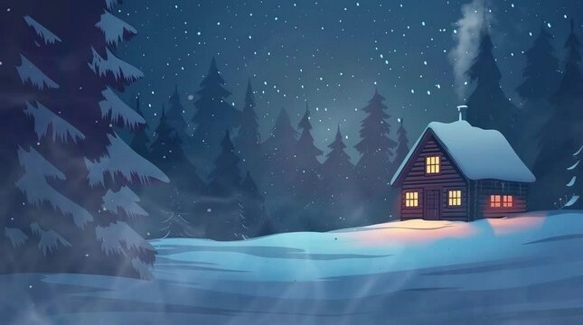 Glowing house nestled in snowy pine forest. Enchanting winter cabin scene.
 Seamless looping 4k time-lapse virtual video animation background. Generated AI