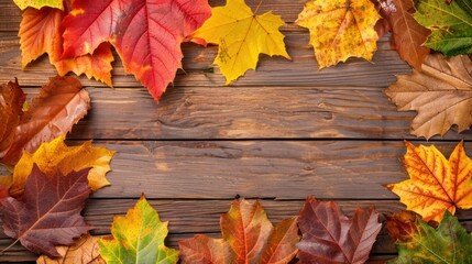 Autumn leaves scattered on a wooden surface background.