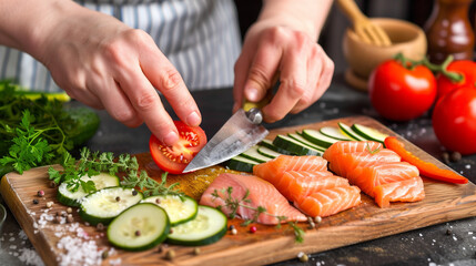chef is cooking salmon with vegetables