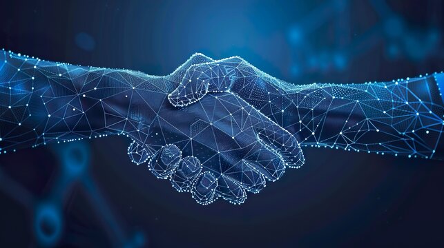 Digital handshake on blue technology background made with Ai generative technology
