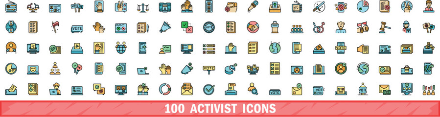 100 activist icons set. Color line set of activist vector icons thin line color flat on white