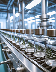 A row of glass vials with blue liquid moves along a conveyor belt in a modern factory