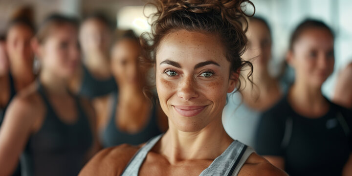 Kraftsportlerin,  nimmt gemeinsam mit anderen an Sportkurs teil