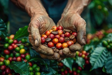 Hands holding coffee beans. Concept of cultivation, aroma, tradition, work, sustainability, labor exploitation, environmental impact, economic dependence and price fluctuations