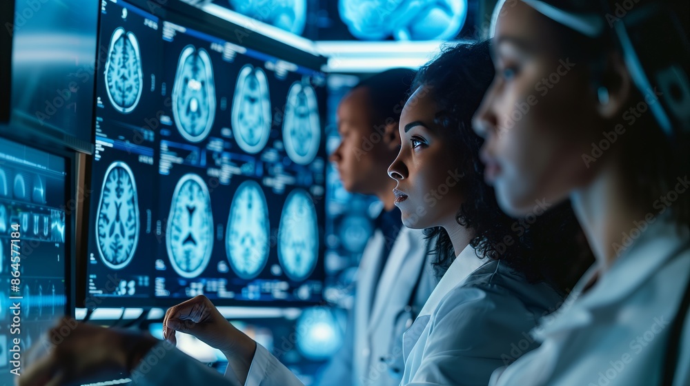 Poster scientists analyze brain scans, mapping neural pathways with cutting-edge tech, reflecting their int