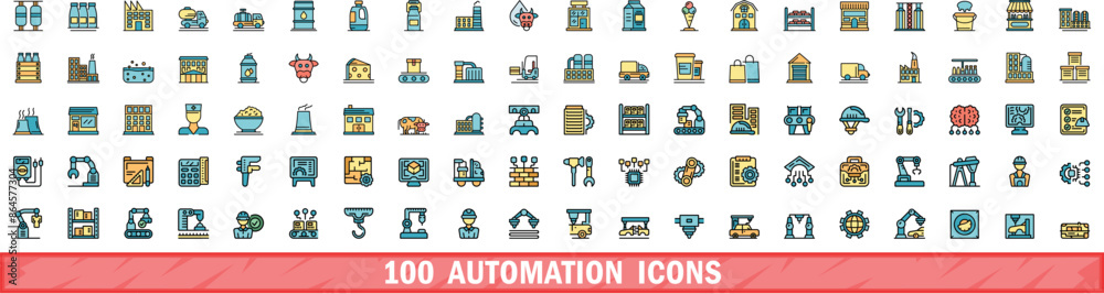 Poster 100 automation icons set. color line set of automation vector icons thin line color flat on white