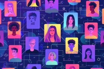 A vibrant illustration showcasing a connected network of diverse influencer profiles, ideal for representing modern digital marketing and influencer agencies. Generative AI