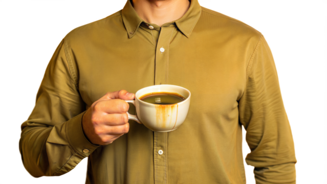 Person showing coffee stain on shirt while holding mug on transparent background