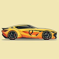 A futuristic yellow sports car with a sleek design and large wheels. The car is drawn in a cartoon style and is set against a light background.