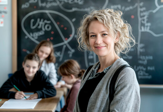 female teacher in background of her classroom and blackboard,demonstrating commitment to education,student development,for educational magazines,teacher recruitment,and school advertising campaigns