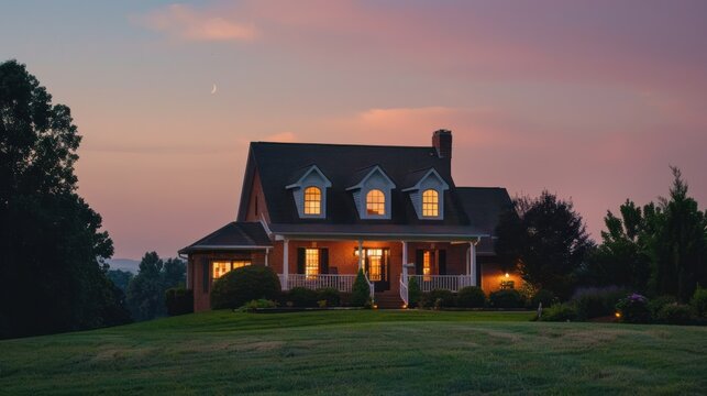A large brick house is lit up at night with a large yard and a lot of trees.