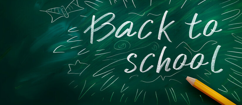 The white chalk text "Back to School" on the green blackboard is ideal for promoting educational activities, decorating classrooms and inspiring students to be enthusiastic about learning.