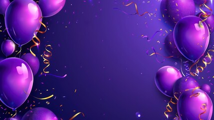 Celebratory purple themed balloons with confetti shown.