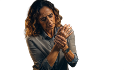 Woman experiencing wrist pain suggesting injury or discomfort on a transparent background