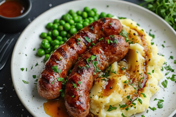 Flat lay pork sausages with creamy mashed potatoes, gravy sauce and green peas on white plate on grey background