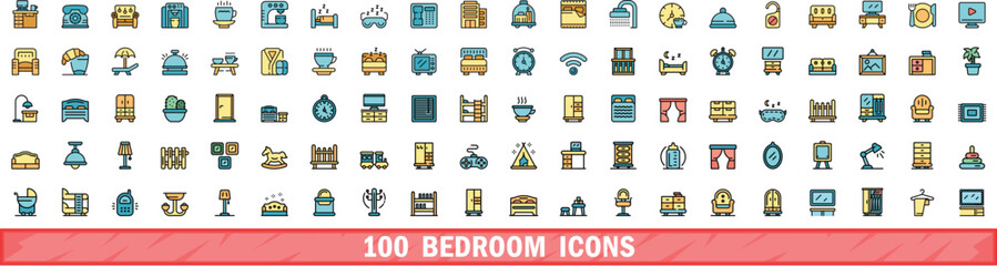 100 bedroom icons set. Color line set of bedroom vector icons thin line color flat on white