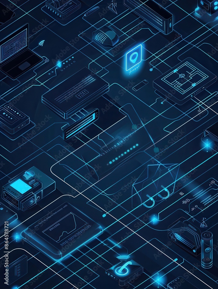 Poster An abstract visualization depicting various network devices, including routers, modems, and smart home gadgets, interconnected by lines symbolizing data flow. Generative AI