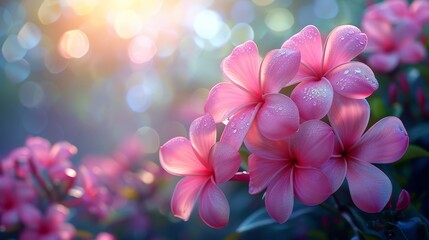 close up shot on beautiful pink frangipani flowers with sunlight and bokeh effect