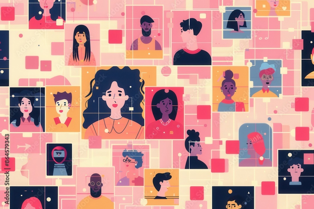 Poster a digitally illustrated scene depicting a grid of profiles representing influencers and their follow