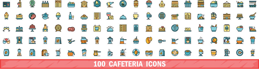 100 cafeteria icons set. Color line set of cafeteria vector icons thin line color flat on white