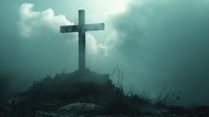 Fototapeta premium Cross on hill with cloudy background