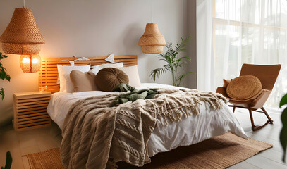 Aesthetic composition of stylish bedroom interior with mock up poster frame, cozy bed, braided pouf, rack, gray armchair, vase with leaves, plaid and personal accessories. Home decor. Template.