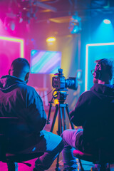 Two Male Influencers Recording Podcast Chat In Studio With Neon Lighting