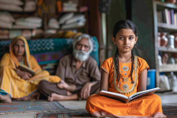 Indian Teenage Girl Reads Book in Rural Home