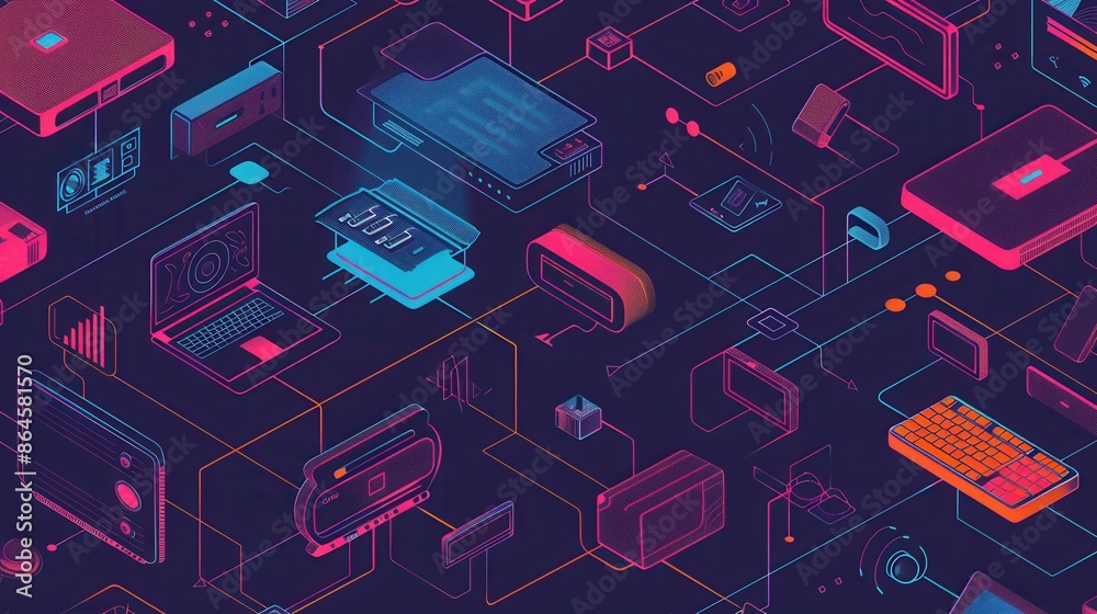 Leinwandbilder an illustration of a network showcasing various interconnected routers, modems, laptops, and smart h