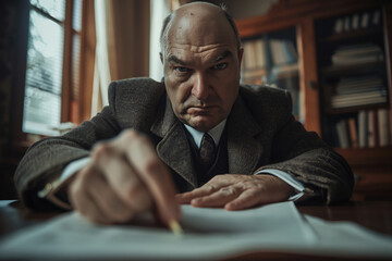 An Evil Real Estate Agent Signs a Contract in a Vintage Office