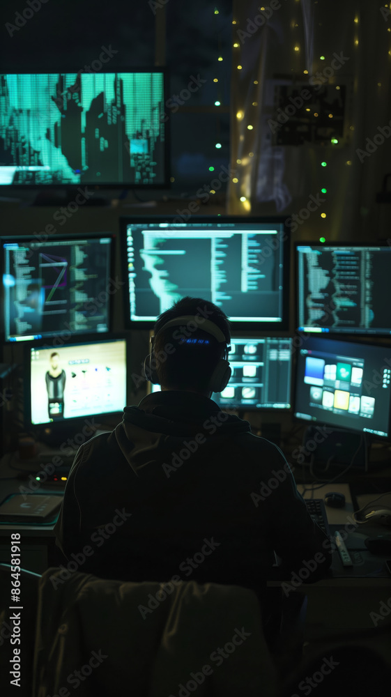 Aufkleber Rear View of Hacker Working Late at Night in Front of Multiple Computer Screens